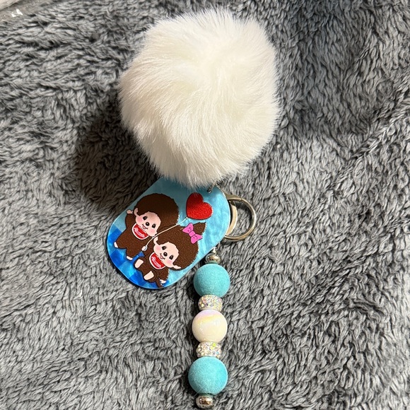 Hand Crafted Accessories - Blue Pompom Monchichi Keychain or Bag Charm.